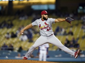 St. Louis Cardinals relief pitcher Junior Fernandez (44) throws during a baseball game against the Los Angeles Dodgers Wednesday, June 2, 2021, in Los Angeles.