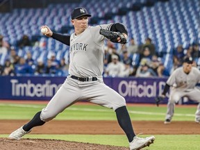 New York Yankees relief pitcher Chad Green (57) throws during the ninth inning MLB action against the Toronto Blue Jays in Toronto on Monday, May 2, 2022. Green has signed a two-year deal with the Blue Jays. The Blue Jays announced the US$8.5 million contract on Tuesday.