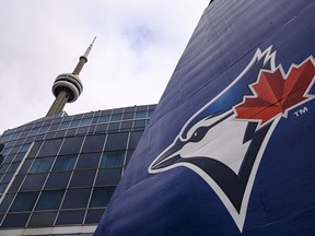 The Blue Jays logo is pictured ahead of MLB baseball action in Toronto on Wednesday, April 27, 2022. The Toronto Blue Jays agreed to terms with nine international free agents on Monday. Eight of the players are from Venezuela and one is from Brazil.