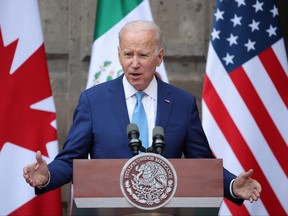 U.S. President Joe Biden speaks during a message for the media as part of the 2023 North American Leaders' Summit at Palacio Nacional on Jan. 10, 2023 in Mexico City, Mexico.