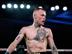 Canadian flyweight Devin (The Canadian Assassin) Gibson is shown in action March 12, 2022, at BKFC Fight Night: New York 2 at the Seneca Allegany Resort & Casino Event Center.