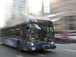A bus is pictured in downtown Vancouver on Friday, Nov. 1, 2019. Metro Vancouver Transit Police say they are investigating after a five-foot-long metal fence post was thrown at the windshield of a bus.
