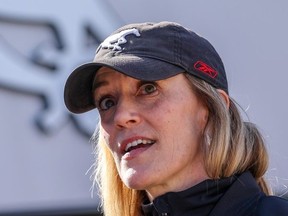 Strength and Conditioning coach Tara McNeil talks with media during Calgary Stampeders training camp at McMahon Stadium on Monday, May 16, 2022.