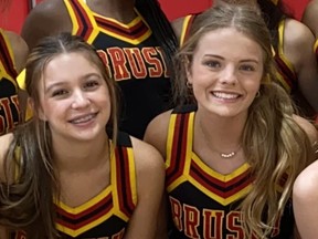 Closeup of two cheerleaders posing with their squad.
