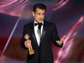 Colin Farrell accepts the Best Actor in a Motion Picture Musical or Comedy award for “The Banshees of Inisherin.” RICH POLK/NBC VIA GETTY IMAGES