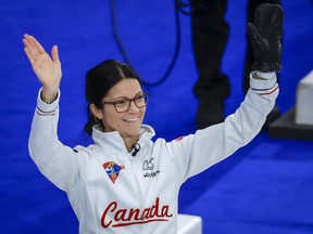 Canada skip Kerri Einarson celebrates winning the women's bronze medal game against the United States at the Pan Continental Curling Championships in Calgary, Alta., Sunday, Nov. 6, 2022.