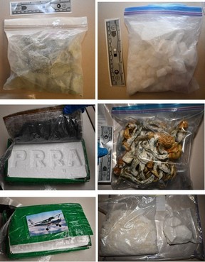 Officers executed a search warrant at an apartment in the Annex and seized 2.45 kilos of cocaine, 2.1 kilos of crystal meth, 2.14 kilos of fentanyl, 453.68 grams of psilocybin, 17.06 grams of MDMA, 5.8 kilos of oxycodone, 1.5 kilos of Xanax, 8.3 kilos of marijuana, and 111.08 grams of hydromorphone on Tuesday, Jan. 24, 2023.