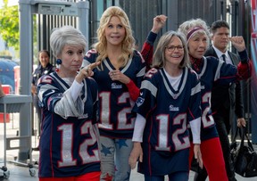 Rita Moreno plays Maura, Jane Fonda plays Trish, Sally Field plays Betty, and Lily Tomlin plays Lou in 80 For Brady.
