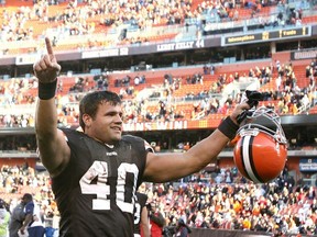 Running back Peyton Hillis of the Cleveland Browns celebrates their victory over the New England Patriots at Cleveland Browns Stadium on November 7, 2010 in Cleveland, Ohio.
