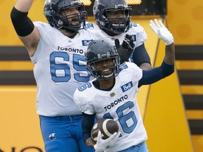 Toronto Argonauts wide receiver Brandon Banks (16) waves at the Hamilton fans after making his second touchdown of the game during second half CFL football game action against the Hamilton Tiger Cats in Hamilton, Ont. on Monday, September 5, 2022. The Argonauts announced Tuesday it has parted ways with the veteran American receiver.
