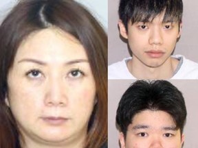(L to R) Xue Wang, 41, of Markham, and Xing Yu Lin, 22, and Ling Pan, 22, both of Toronto, face fraud charges.