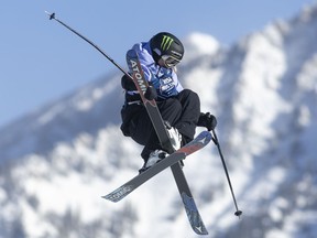 Megan Oldham, of Canada, executes a trick in the Big Air World Cup freestyle skiing finals in Copper Mountain, Colo., Friday, Dec. 16, 2022.&nbsp;Oldham of Parry Sound, Ont., won Winter X Games gold in women's freestyle big air Friday.
