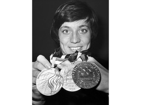German alpine ski racer Rosi Mittermaier shows two gold medals and one silver, she won at the Winter Olympic Games at the Olympic village in Innsbruck, Austria, February 15, 1976.