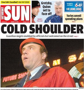 Toronto Sun frontpage on Saturday, Jan. 14, 2006, shows Guardian Angels founder Curtis Sliwa talking to passersby at the site on Yonge St. where Jane Creba was gunned down on Boxing Day.