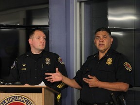 Deputy Chief Harold Medina, right, and Lt. Joe Viers discuss the Albuquerque Police Department's policy for responding to protests during at a news conference in Albuquerque, N.M., June 22, 2020. Authorities in New Mexico's largest city have found evidence of gunfire at the home of another elected official in early Dec. 2022.