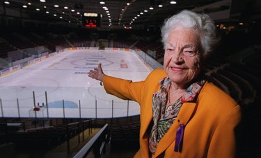 Mississauga Mayor Hazel McCallion shows off the ice rink at the Hershey Centre in Mississauga. (Ernest Doroszuk/Toronto Sun)