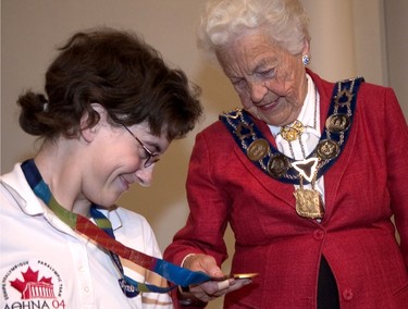 Mississauga Mayor Hazel McCallion hosted a ceremony for Mississauga-area Olympians and Paralympians, including Chelsea Clarke, Paralympic T34 (classification) athletics sprint champion. Clark competed in the 2004 Summer Paralympics in Athens. (Dave Abel/Toronto Sun)