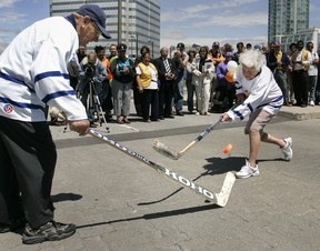 Mississauga Mayor Hazel McCallion took some shots against Maple Leafs goalie great Johnny Bower in a game of ball hockey after announcing Mississauga's city centre is about to be transformed into a unique 