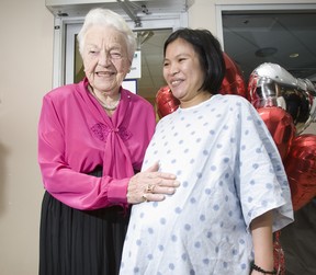 Mom-to-be Thao Lee joins Mississauga Mayor McCallion's 88th birthday party at Trillium Health Centre. The health centre unveiled the Hazel McCallion Centre for Heart Heath during the ceremony. (Alex Urosevic/Toronto Sun)