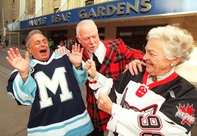 Hockey broadcast legend Don Cherry breaks up Toronto Mayor Mel Lastman and Mississauga Mayor Hazel McCallion as they face off to support Rose Cherry's Home in front of Maple Leaf Gardens. (Craig Robertson/Toronto Sun)
