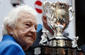 Mississauga Mayor Hazel McCallion poses with the Memorial Cup at Mississauga City Hall May 10, 2010 for the announcement that The Mississauga St. Michael's Majors will be hosting the 2011 Memorial Cup. (Dave Abel/Toronto Sun)