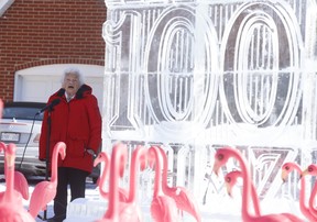Hazel McCallion, former mayor of Mississauga, was out and about outside her home celebrating her 100th birthday with neighbours and well wishers, Feb. 14, 2021. Her lawn was full of 100 pink flamingos and a massive ice sculpture.