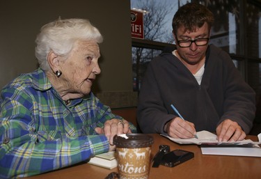 Hazel McCallion, now retired, sits down to talk with Toronto Sun columnist Joe Warmington at a local Tim Hortons in Streetsville, Dec. 3, 2014.