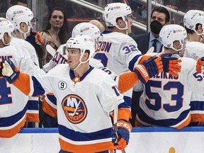 New York Islanders' Anthony Beauvillier (18) celebrates a goal against the Edmonton Oilers during second period NHL action in Edmonton on Friday, February 11, 2022. Joining a new team amid a tidal wave of change doesn't intimidate newly minted Vancouver Canucks forward Anthony Beauvillier.
