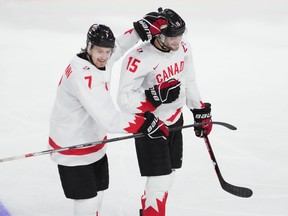 Canada's Shane Wright, right, celebrates his goal with teammate Brennan Othmann during second period IIHF World Junior Hockey Championship gold medal action against Czechia in Halifax on Thursday, January 5, 2023.