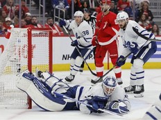 Toronto Maple Leafs goaltender Ilya Samsonov makes the save in the second period against the Detroit Red Wings at Little Caesars Arena.