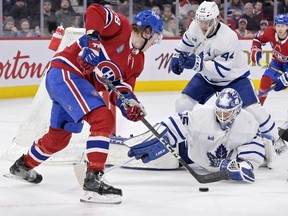 Toronto Maple Leafs goalie Ilya Samsonov makes a save against Montreal Canadiens forward Christian Dvorak during the second period at the Bell Centre.