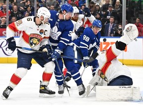 Toronto Maple Leafs forward William Nylander scores past Florida Panthers goalie Sergei Bobrovsky in the third period at Scotiabank Arena.