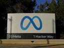 The Meta logo is seen on a sign at the company's headquarters in Menlo Park, California on November 9, 2022. 