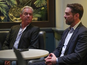 Canadian actor and director Jason Priestley and executive producer Michael Geddes (left) speak with Toronto Sun writer Lance Hornby about the upcoming documentary Offside: The Harold Ballard story that airs this Sunday night on CBC and CBC Gem, on Wednesday, Jan. 18, 2023.
