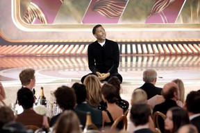 Host Jerrod Carmichael speaks onstage during the 80th Annual Golden Globe Awards at The Beverly Hilton on Jan. 10, 2023 in Beverly Hills, Calif.