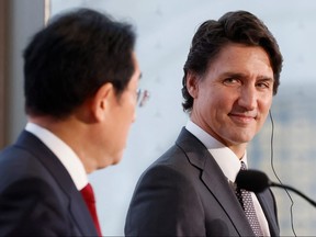 Prime Minister Justin Trudeau and Japanese Prime Minister Fumio Kishida attend a joint news conference in Ottawa, Jan. 12, 2023.