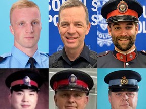 Six police officers in Ontario have been killed in the line of duty since Nov. 19, 2020. TOP ROW (L to R): OPP Const. Grzegorz Pierzchalar, South Simcoe Police Const. Morgan Russell, and South Simcoe Police Const. Devon Northrup. BOTTOM ROW (L to R): Toronto Police Const. Andrew Hong, Toronto Police Const. Jeffrey Northrup, and OPP Const. Marc Hovingh