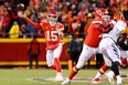 Chiefs' Patrick Mahomes throws a pass against the Cincinnati Bengals during the second quarter in the AFC Championship Game at GEHA Field at Arrowhead Stadium on Jan. 29, 2023 in Kansas City.