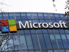 The Microsoft logo is pictured outside the headquarters in Paris, Jan. 8, 2021.