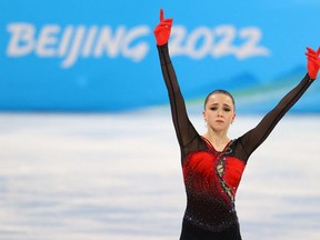 2022 Beijing Olympics - Figure Skating - Women Single Skating - Free Skating - Capital Indoor Stadium, Beijing, China - February 17, 2022. Kamila Valieva of the Russian Olympic Committee in action.