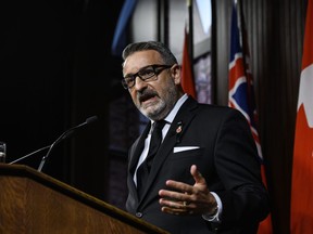 Ontario Long-Term Care Minister Paul Calandra speaks with media at Queen's Park in Toronto on Wednesday, September 14, 2022.