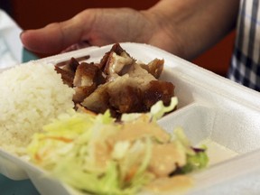 Food is packaged into a polystyrene foam box in Honolulu in a Thursday, March 14, 2019 file photo.