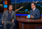 Prince Harry, left, appears on The Late Show with Stephen Colbert Jan. 10, 2023.