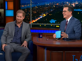 Prince Harry, left, appears on The Late Show with Stephen Colbert Jan. 10, 2023.