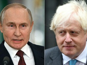 This combination of pictures created on Jan. 30, 2023 shows Russian President Vladimir Putin attending a news conference following a meeting of the State Council on implementing the youth policy in current conditions, at the Kremlin in Moscow on Dec. 22, 2022, and Britain's outgoing Prime Minister Boris Johnson preparing to deliver his final speech outside 10 Downing Street in central London on Sept. 6, 2022, before heading to Balmoral to tender his resignation.