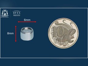 This image from the Department of Fire and Emergency Services in Australia shows the size of the capsule relative to a 10-cent coin.