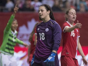 Canada's Sabrina D'Angelo (18) reacts to being scored on by Mexico's Kaitlyn Johnson during second half international friendly soccer action at B.C. Place, in Vancouver on Saturday, Feb. 4, 2017. D'Angelo, who spent the last four years with Sweden's Vittsjo GIK, has signed with Arsenal.