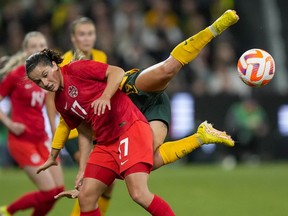 Australia's Katrina Gorry, right, and Canada's Jessie Fleming battle for the ball during a friendly soccer international between Canada and Australia in Sydney, Australia, Tuesday, Sept. 6, 2022. Canada midfielder Fleming and coach Bev Priestman have been shortlisted for the Best FIFA Football Awards.