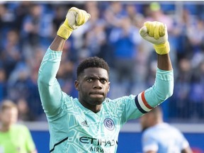New York City goalkeeper Sean Johnson celebrates his team's victory over the CF Montreal in the Eastern Conference semifinals MLS action in Montreal on Sunday, October 23, 2022.