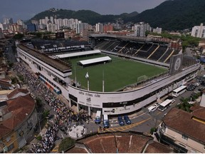 General view of the stadium as the casket of Brazilian soccer legend Pele lies in state in the centre circle of his former club Santos' Vila Belmiro Stadium in Santos, Brazil, Monday, Jan. 2, 2023.